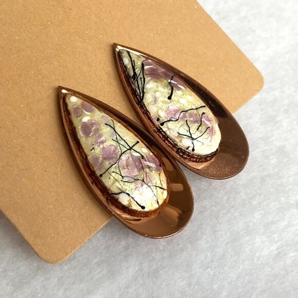VTG Signed Renoir Matisse Copper Modernist Enamel Teardrop Clip On Earrings - Picture 4 of 16